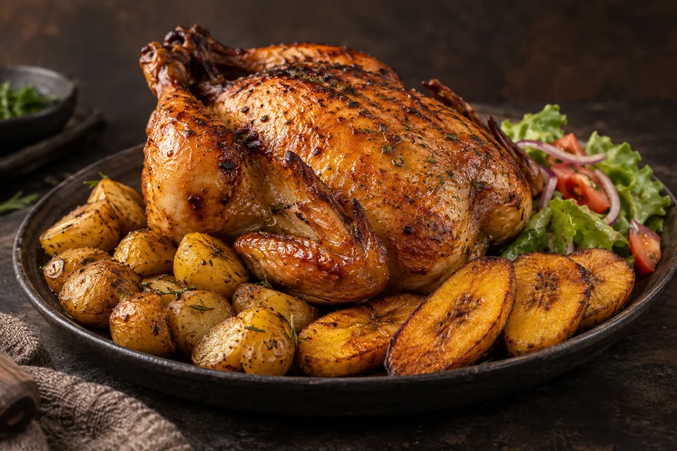 Pollo asado con papas y plátano
